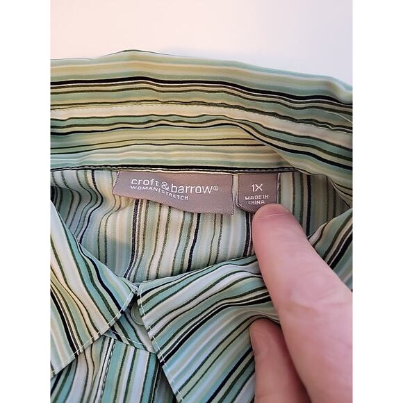 Croft & Barrow Stretch Green Striped 3/4 Sleeve Button Up Shirt Women's Plus 1X - Picture 11 of 12